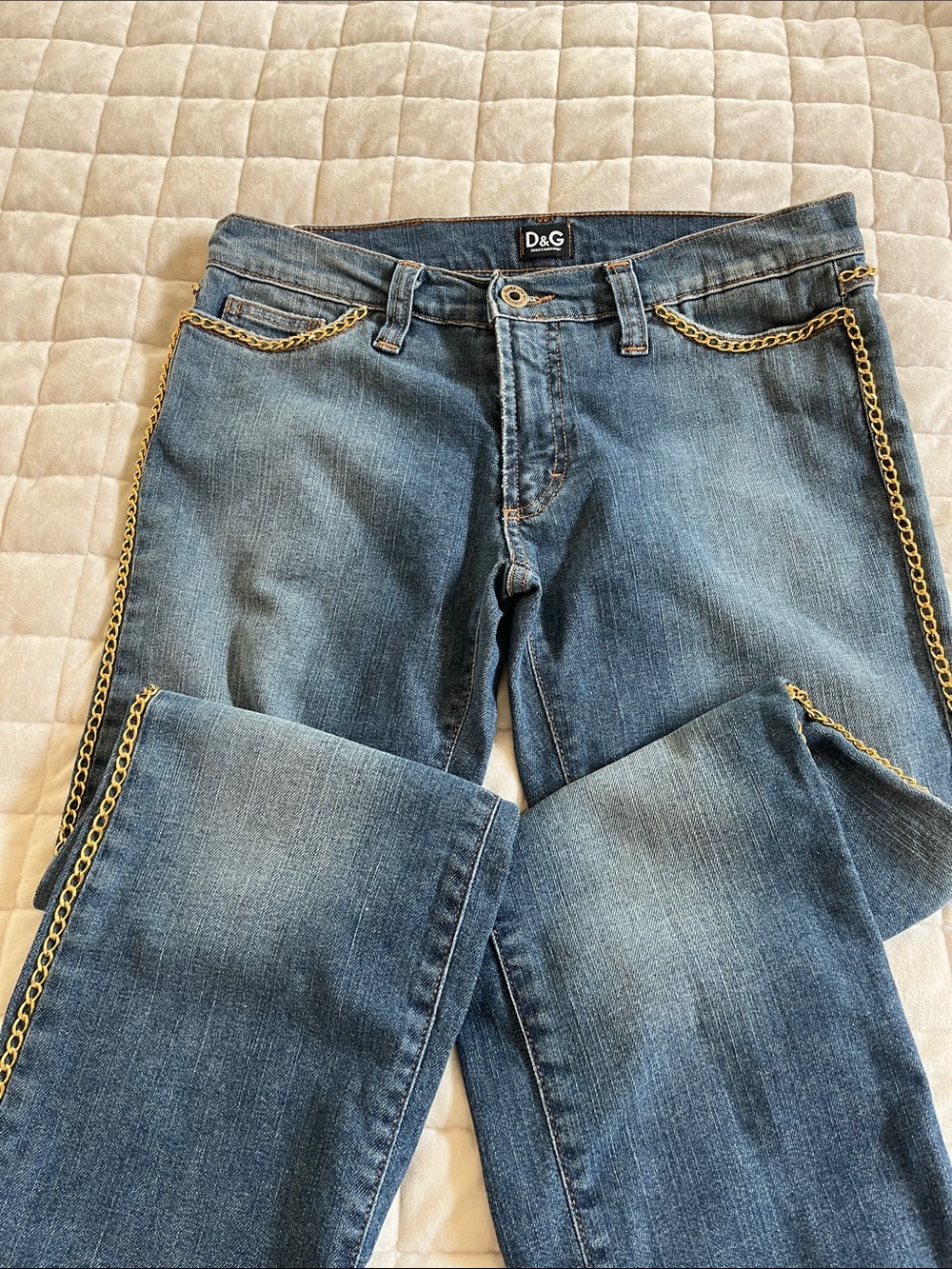 D&G Blue Straight Leg Jeans with Gold Chain Trim